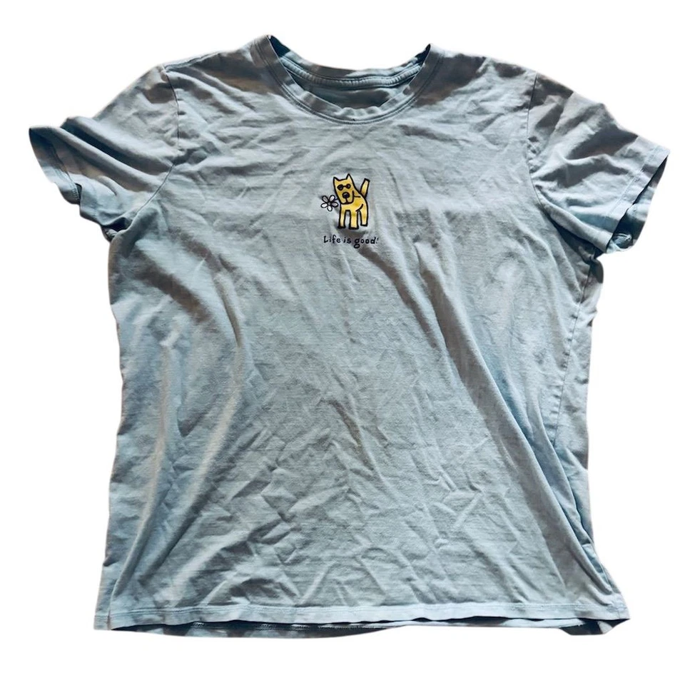 Camiseta Life Is Good Unisex Azul L Amarilla Perro Gráfico Informal Vibraciones Positivas Foto 2 de 4