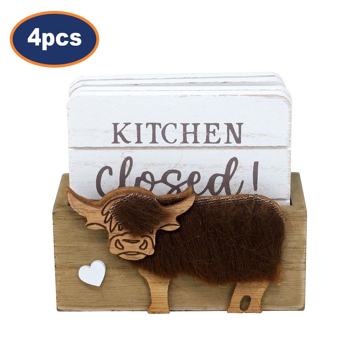 Wooden Coasters & Holder Set Highland Cow Design Printed Sayings Drink Pads 4pcs