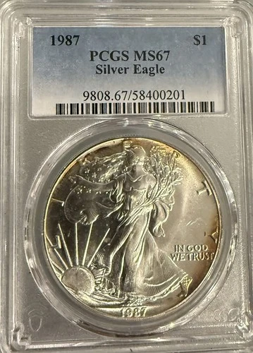 1987 American Silver $1 Eagle PCGS MS67 Ft & Rev Colorful Toning
