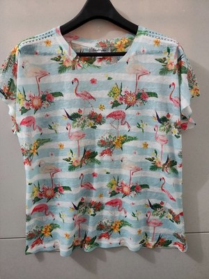 Casual Express Top Womens XL Blu Short Sleeve Tropic Flamingo Pointelle Shoulder