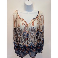 Karen Kane Womens Paisley Print Sheer Peasant Blouse Sz Medium Blue Orange