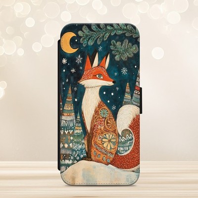 Fuchs Handyhülle iPhone Samsung Pixel Flip Wallet Cover Weihnachtsbaum Winter