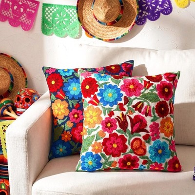 2 Pcs Mexican Boho Throw Pillow Covers 18 x 18 Inch Embroidery Colorful Flora...