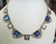 VINTAGE ART DECO CZECH VAUXHALL BLUE CRYSTAL MIRROR GLASS FILIGREE LINK NECKLACE