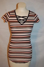 Womens S/S Shirt PEACH BLACK TAN IVORY STRIPED Strappy V-Neck RUE 21 Ribbed M