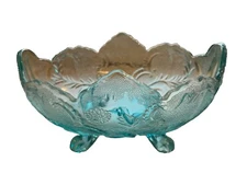 Vintage Bowl Jeanette Glass Fruit Aqua  Blue Lombari Pattern Footed Oval