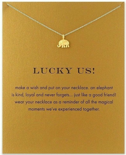 Lucky Elephant Necklace Gold Dipped Trunk up good luck card
