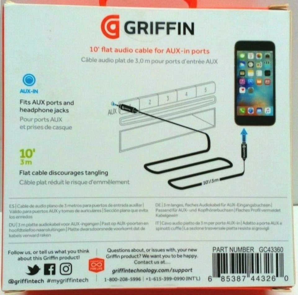 NUEVO Cable de audio auxiliar plano Griffin de 10' cable de entrada de audio auxiliar resistente a enredos Foto 4 de 4