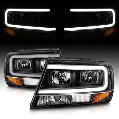 for 1999-2004 Jeep Grand Cherokee LED Light Bar Black Housing Headlights