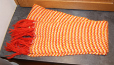Vintage 70s Orange Ivory Womens Knit Fringed Winter Scarf Acrylic Made in Japan