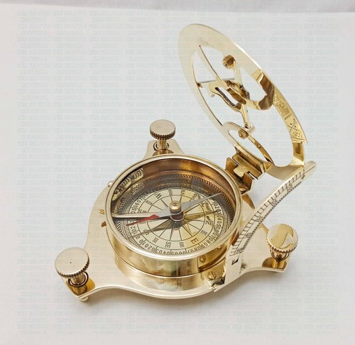 Vintage Replica Handmade Working 4 inch Brass Sundial Compass with Wooden Box - 第 3/6 張圖片