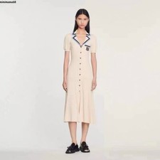 Sandro 2023 Embroidered V-neck Knit Short Sleeve Midi Dress New
