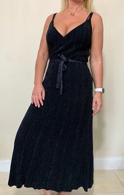 New ZARA BLACK WOMAN LONG DRESS WRAP WITH METALLIC THREAD V NECK SIZE L Y90E