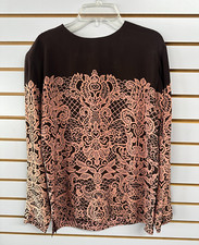 Vintage Cappagallo Womens Size 8 Lace Print Peach Brown Blouse Long Sleeve Top