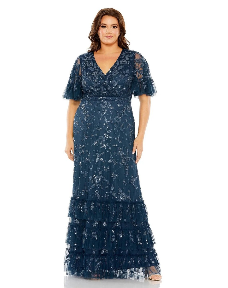 Mac Duggal Twilight Blue Sequin Floral Flutter Sleeve Gown Size 14W $798 |  eBay