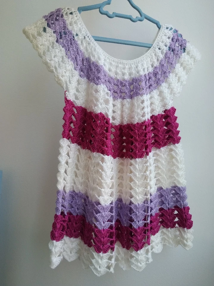 Crochet dress tunic mesh fishnet lace sleeveless hand knit toddlers 3T - 5T - Image 2 of 4