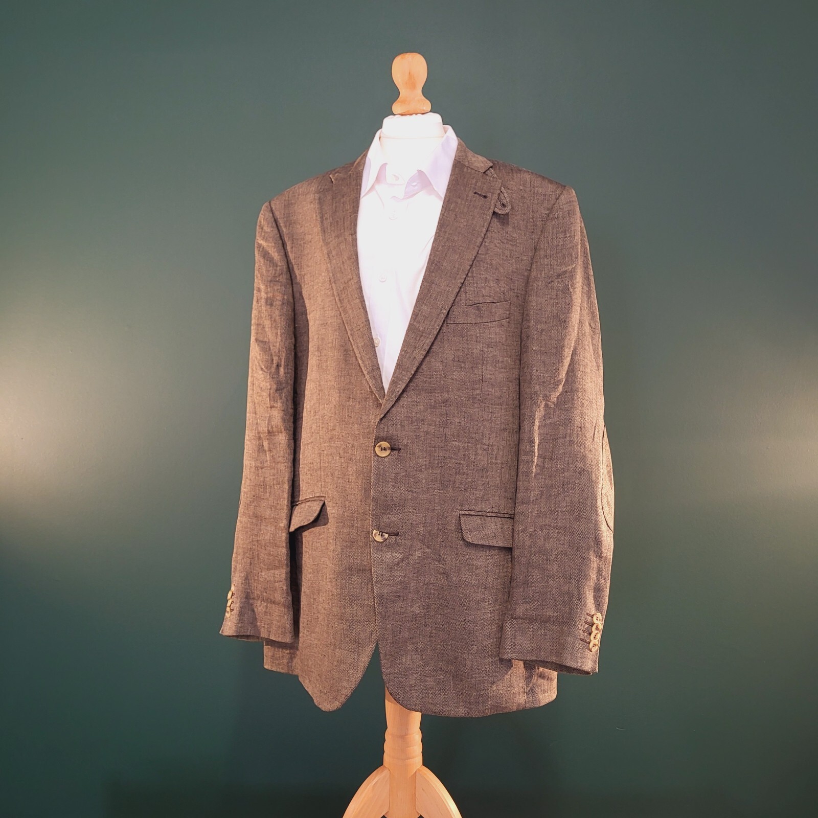 Barbour Blazer Mens 44/R Brown Herringbone  Linen Classic Elbow Patch Jacket A