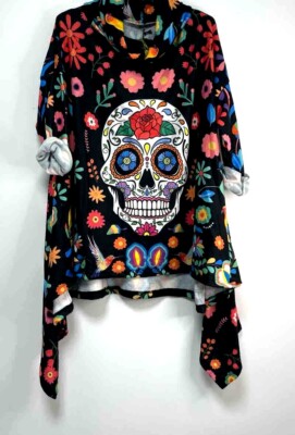 Superweich Locker Fit Sugar Skull Tattoo Print Baggy Oversized Top 12-22