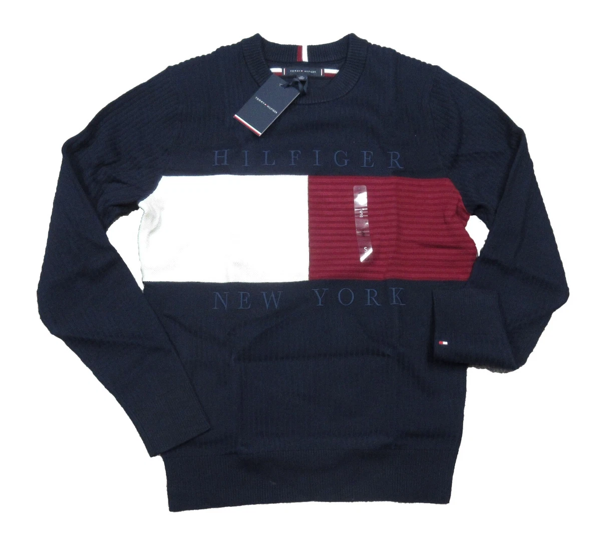 Tommy Hilfiger Navy Pullover Men\'s Crew-Neck Sweater Flag $129 Ribbed eBay Chest 