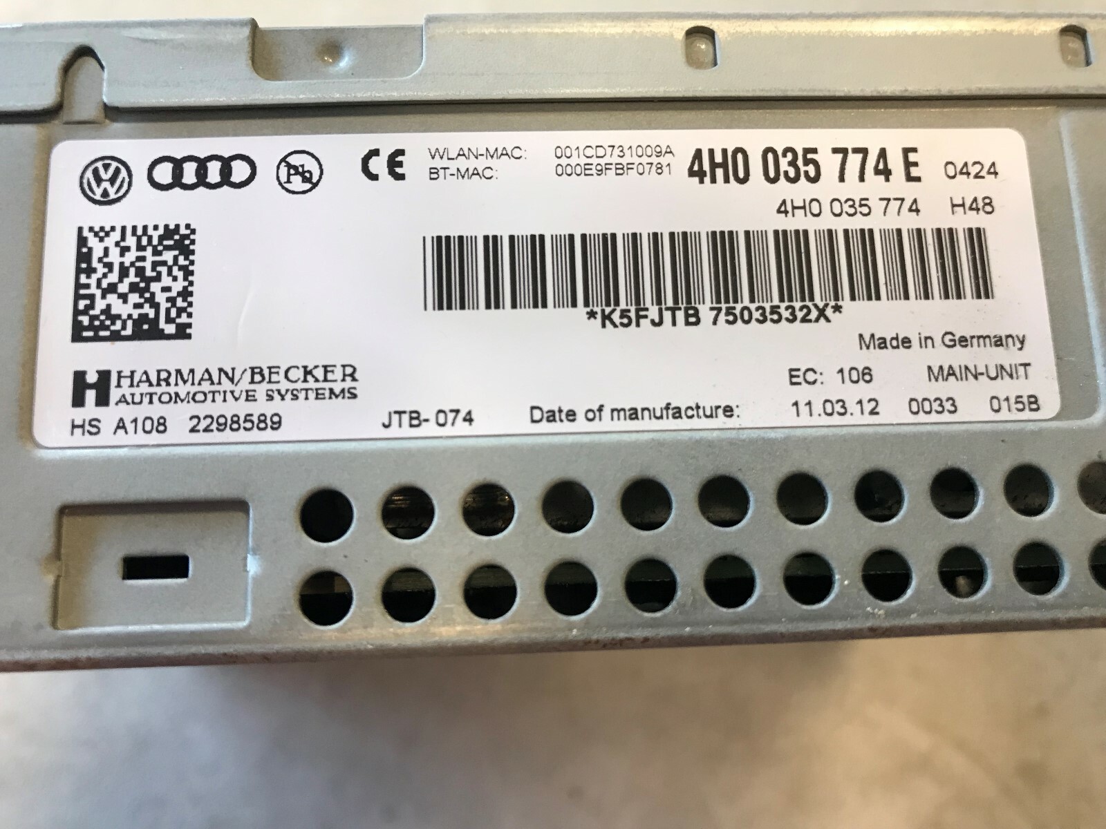 WARRANTY 11 12 AUDI A8 QUATTRO MULTI MEDIA INTERFACE DVD PLAYER