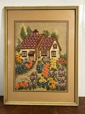 Vintage Handmade CROSS-STITCH 16x12 Wood Framed, House, Flowers, Country Scene