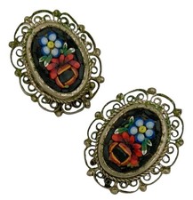 ANTIQUE ITALY Oval Scroll FLORAL Micro Mosaic...