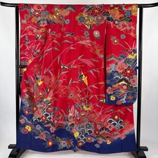 JAPANESE KIMONO FURISODE RED 159cm 5 ft 3 in PURE SILK B1970