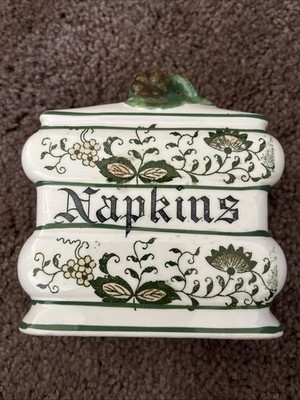 Excellent Condition Vintage Delftware Spanish Onion Napkin Holder Green & White