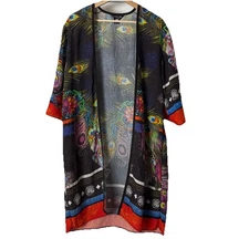 Citron Santa Monica Sz Small Cardigan Open Front Topper Peacock Feathers Artsy