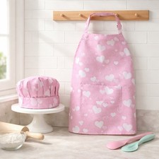 Girls Chef Apron Matching Chef Hat Youth Pink Hearts Kitchen Help NWOT Cooking