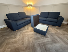 Blue Fabric 3 Piece Sofa Suite with Storage Footstool 180x90x95cm