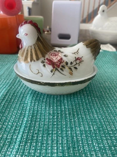 Vintage Rare Painted Hen On Nest HON Early Hazel Atlas Glass
