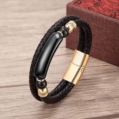 Men s Multi-Layer Leather Bracelet with Natural Stone   Stainless Steel Clasp