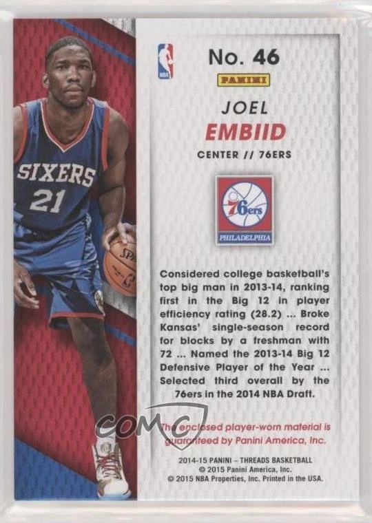 2014-15 Panini Threads Rookie Threads Joel Embiid #46 RC - Image 2 of 2