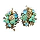 Vintage Unsigned Miriam Haskell Turquoise Glass Wired Earrings Gold Tone Unusual