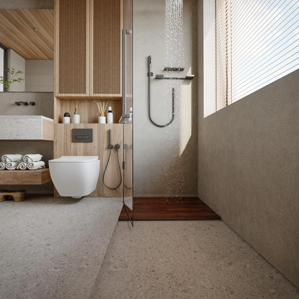 Alfombra de ducha Fuji String Spa en acabado aceitado de madera maciza de teca, alfombrilla cuadrada de 30", B... Foto 4 de 4