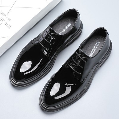 Lace Up Pointed Toe Business Formal Dress Mens Faux Patent Leather Shoes British