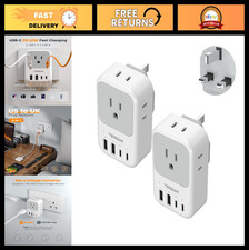 Travel Type G Adapter 2 Pack - 20W US to UK Plug, 4 AC Outlets 4 USB Ports