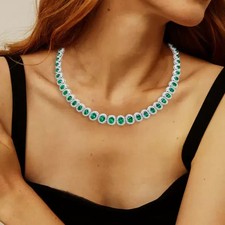 25Ctw Oval Cut Lab Created Emerald Tennis Necklace 14K White Gold Plated Silver