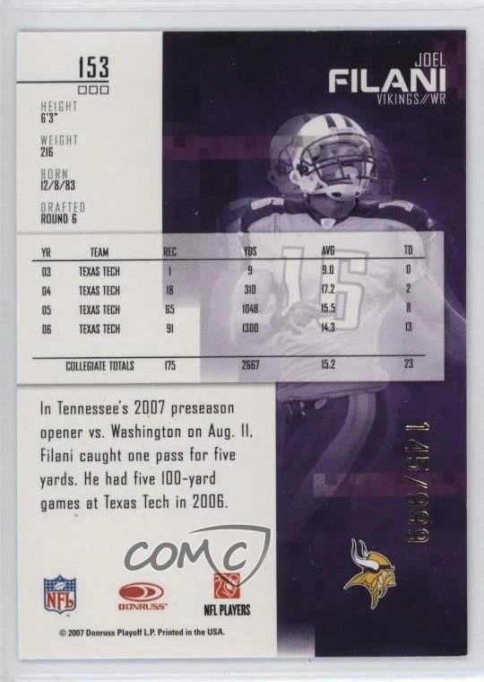 2007 Leaf Rookies & Stars Longevity Rookie /999 Joel Filani #153 RC - Image 2 of 2