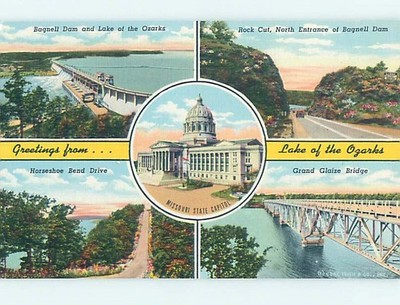 Linen MULTIPLE VIEWS ON CARD Ozarks - Jefferson City - Bagnell Dam MO ho8114@