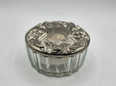 Vintage Glass Powder Jar Ornate Silver-Plated Lid W/Mirror & Powder Puff