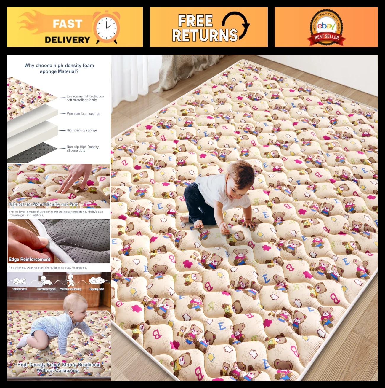 Extra Large Baby Play Mat 71" x 59" - Thick Foam, Machine Washable, Anti-Slip Cr