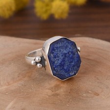 Sterling Silver Boho Ring With Natural Raw Lapis Lazuli Gemstone Rings Jewelry