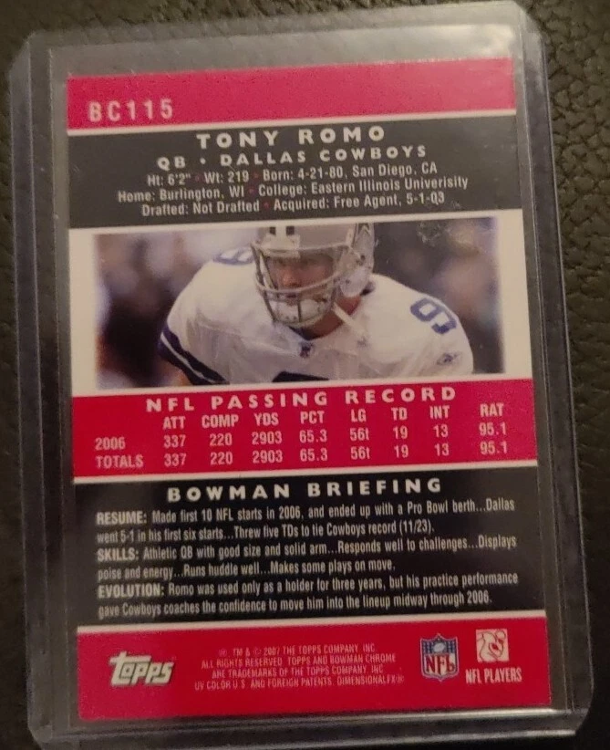 2007 Bowman Chrome Tony Romo BC115 Dallas Cowboys - Image 2 of 2