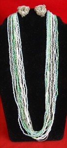 Vintage 10 Strand Blue, Green, Gray and White Seed Bead 20" Necklace w/ Earrings