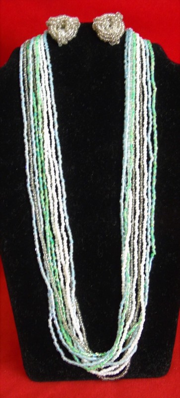 Vintage 10 Strand Blue, Green, Gray and White Seed Bead 20" Necklace w/ Earrings