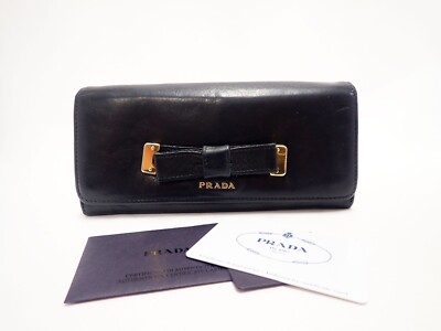PRADA Saffiano Fiocco Ribbon Bifold Long Wallet 1PG222 Black Women's