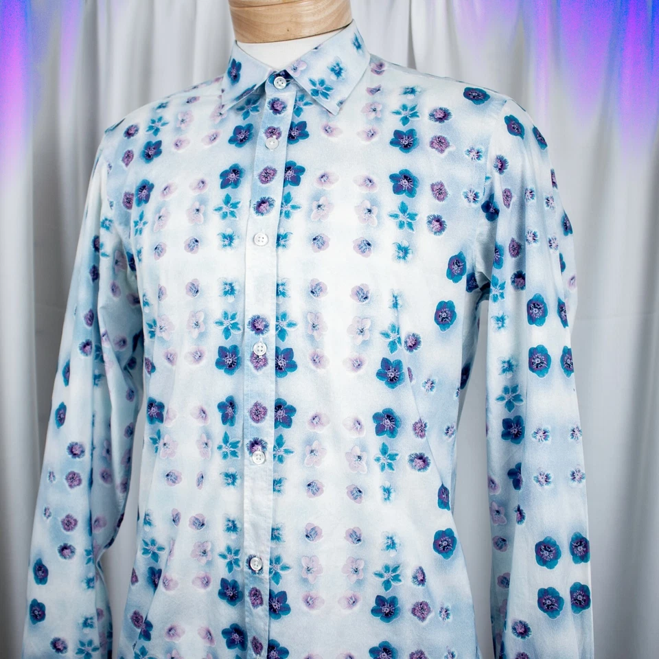 HUGO BOSS Blue Purple LavenderTurquoise Floral Cotton Men Shirt Size M - Image 4 of 4
