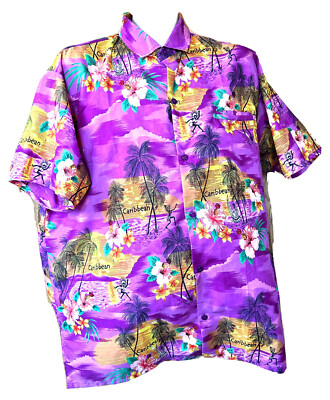 Vintage PARADISE Hawaiian Shirt Mens XL Purple CARIBBEAN Floral Palms Sunset